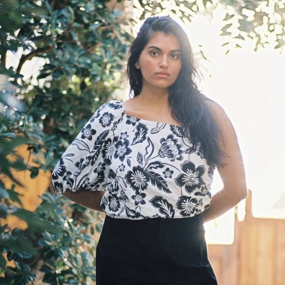 NWT Anthropologie Maeve One Shoulder Black White Floral Eyelet Bow Back Blouse